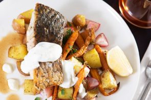 Honey Butter Barramundi with Za'atar Roasted Veg & Yoghurt Sauce