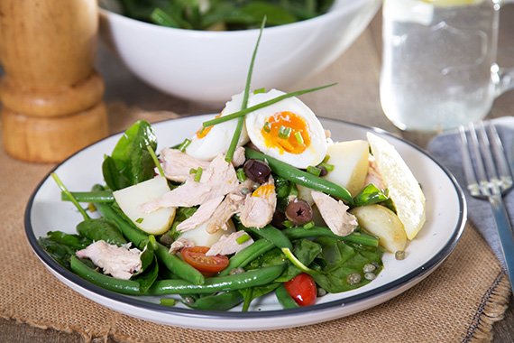 Italian Tuna Nicoise Salad with Baby Capers & Olives optional Soft Boiled Egg
