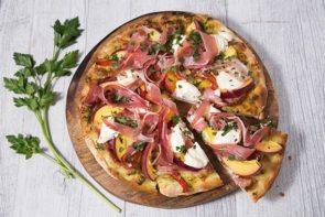Peach, Prosciutto & Ricotta Pizza with Pesto & Roasted Capsicum
