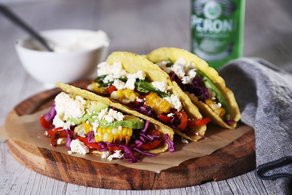 Sweet Corn Tacos with Pickled Cabbage, Jalapeno and Fetta