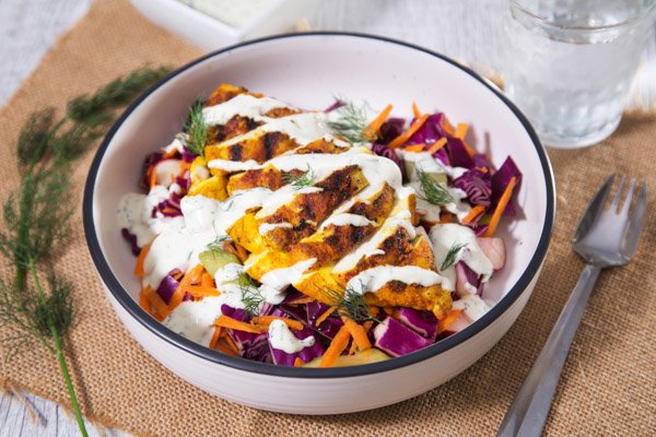 Turmeric & Paprika Spiced Chicken with Cranberry Slaw & Dill Yoghurt