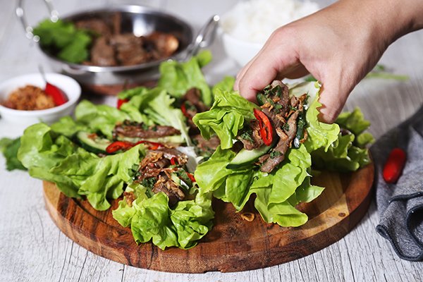 Vietnamese Shaking Beef with Lettuce Wrap and Steamed Rice