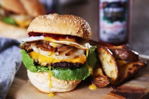 Aussie Smash Burger with Beetroot Relish, Sunny Side Up Egg and Wedges