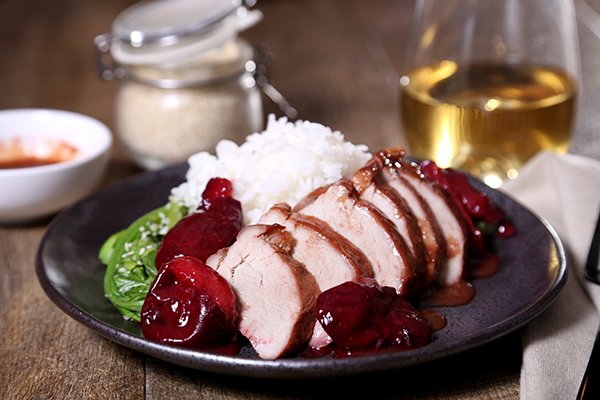 Char Siu Pork with Local Plums, Steamed Rice and Asian Greens