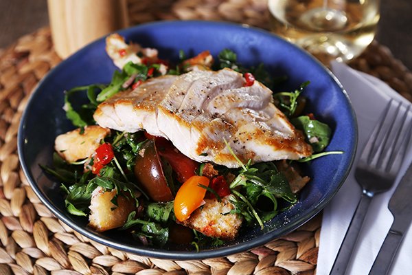 Panzanella Salad with Grilled Chicken Cherry Tomatoes and Shallot Vinaigrette