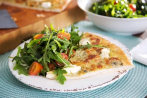 Quattro Formaggi Pizza (Four Cheese) with a Side Salad & Roast Garlic Vinaigrette