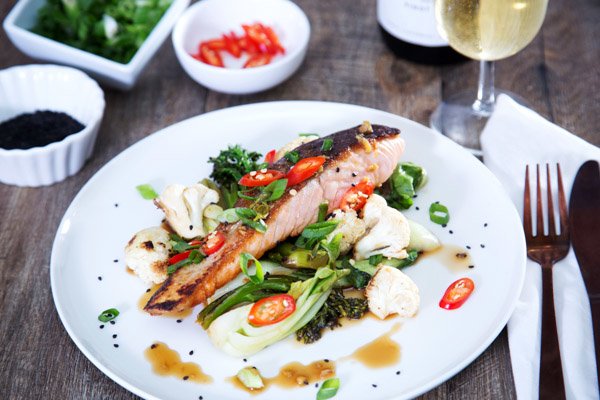 Seared Salmon with Ponzu & Ginger and Stir Fried Vegetables