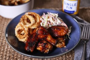 Sticky Vegemite Chicken Wings with Oven Baked Onion Rings and Slaw