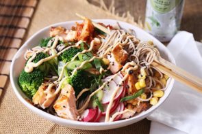 Miso Salmon Soba Noodles with Kimchi and Spicy Mayo