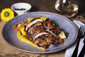 Pomegranate Chicken, Sumac Roast Vegetables and Turmeric Hummus
