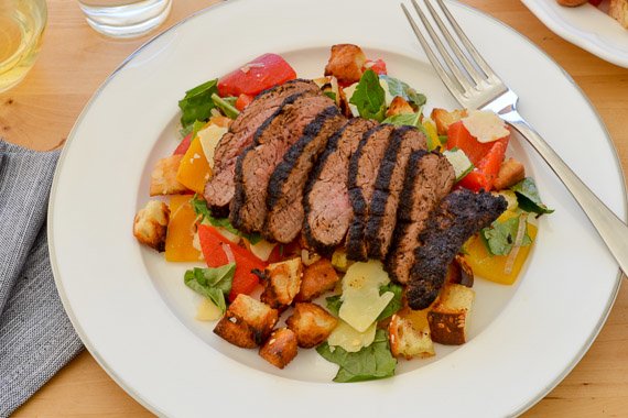 Coffee Rubbed Thick Cut Porterhouse Steak with Roasted Capsicum Panzanella