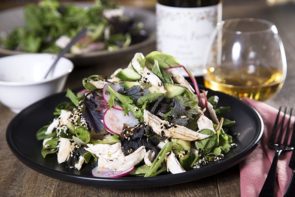 Ginger Poached Chicken Salad with Cucumber, Mint, Coriander and Sesame