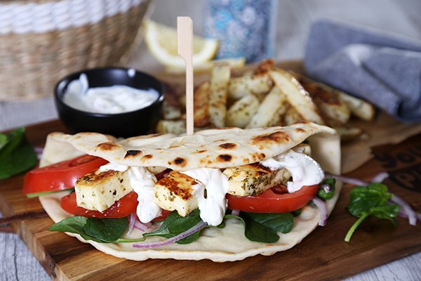 Haloumi Gyros with Tzatziki, Herb Fries, Baby Spinach and Smokey Tomato Relish