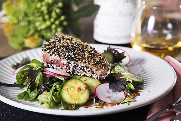 Seared Sesame Tuna with Smacked Cucumber and Green Salad