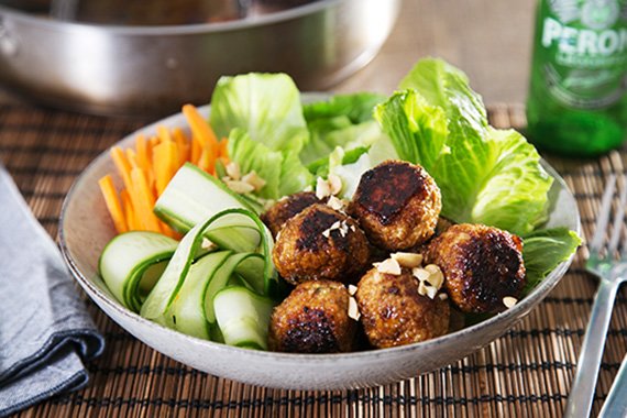 Sticky Chicken & Quinoa Meatballs with Thai Basil & Peanuts