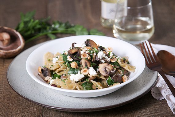 Goats Cheese, Mushroom & Spinach Farfalle with White Wine and Hazelnuts