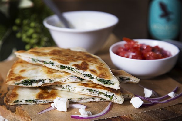 Spinach and Fetta Quesadilla with Tomato Salsa and Rocket