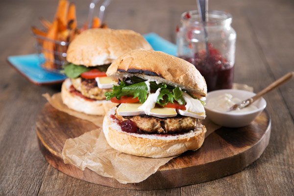 Turkey, Brie & Cranberry Burger with Sweet Potato Wedges