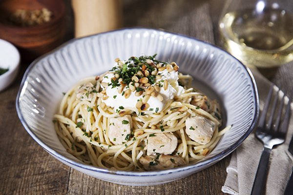 Lemony Chicken Spaghetti with Pine Nuts and Ricotta