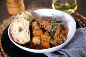 Slow Cooked Beef, Red Wine & Pearl Barley Stew with Swede, Parsnip and Crusty Bread