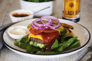 Bun Free Cheeseburgers with Sweet Potato Wedges