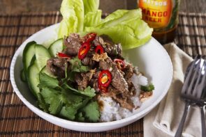 Vietnamese Shaking Beef with Lettuce and Steamed Rice