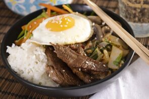 Beef Bibimbap with Fresh Local Vegetables and Sushi Rice