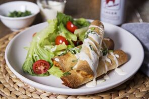 Buffalo Chicken Tacquitos with Ranch Dressing & a Crisp Side Salad
