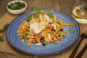 Grilled Chicken with Curried Cashew Quinoa Salad with Crunchy Veg and Cranberry