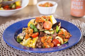 Grilled Steak with Romesco Sauce, Zucchini & Corn Salad