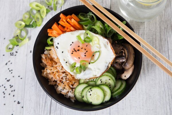 Bibimbap with Mushroom, Kimchi, Eggs & Black Sesame
