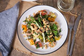 Charred Broccoli and Haloumi with Chickpeas, Hummus & Harissa