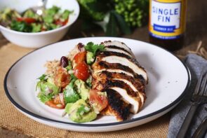 Jerk Chicken with Rice and Beans and a Creamy Avocado Salsa