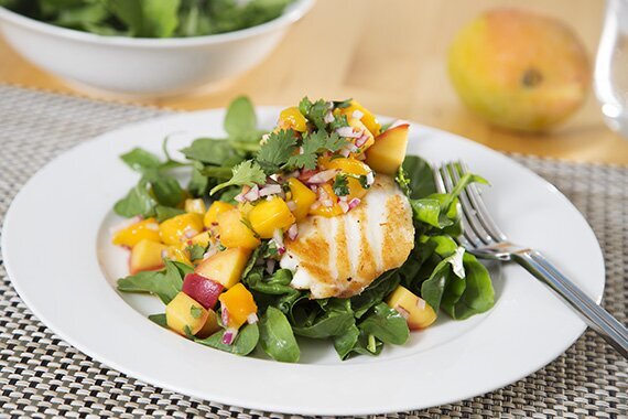 Pan Fried Fish with Peachy Summer Salsa & Rocket