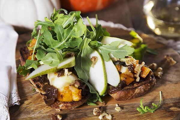 Roast Pumpkin, Pear and Caramelised Onion Bruschetta with Sage and Walnuts