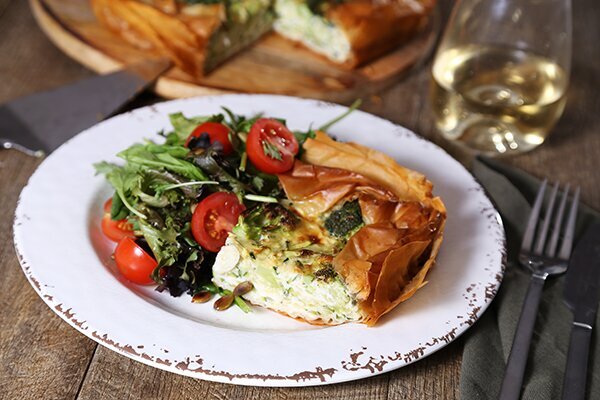 Speedy One Pan Quiche with Broccoli and Cheddar Served with Side Salad and Lemony Vinaigrette