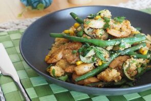 Cajun Style Prawn with Couscous beans, corn & zucchini