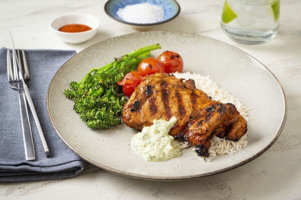 Peruvian Chicken with Creamy Green Sauce and Broccolini