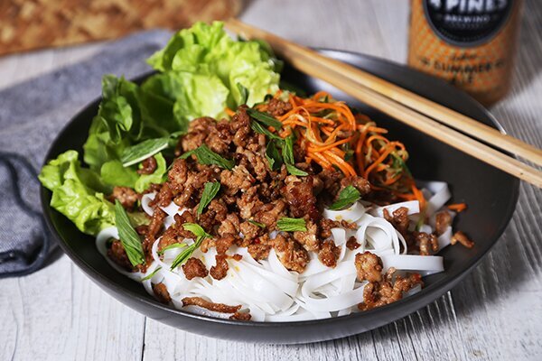 Pork Larb Salad with Rice Noodles and Marinated Veg Salad