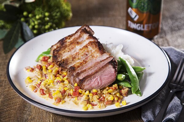 Spiced Pork with Creamy Corn and Green Beans