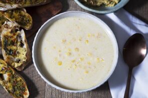 Sweetcorn Soup with Basil, Garlic, Chilli Butter and Hot Grilled Ciabatta