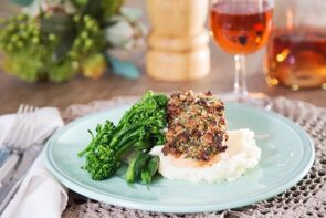 Walnut Crusted Salmon with Mash & Greens