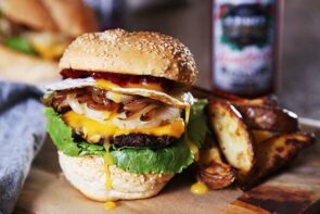 Aussie Smash Burger with Pineapple, Sunny Side Up Egg and Wedges