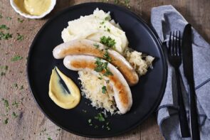 Bratwurst Sausages with Creamy Mash, Sauerkraut & Mustard
