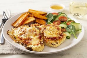 Cauliflower Parmigiana with Sweet Potato Wedges