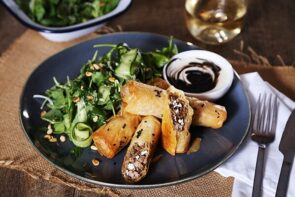 Lebanese Lamb Filo with Cucumber Salad and Pomegranate Molasses Yoghurt