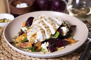 Roasted Winter Veg Salad with Grilled Chicken Fetta and Pistachios