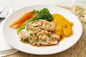 Snapper Almondine with Pumpkin Mash, Broccoli and Baby Carrots
