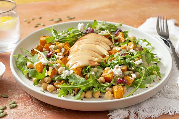 Apple, Pumpkin and Quinoa Nourish Bowl, with Chickpeas, Cranberries and a Maple Tahini Dressing