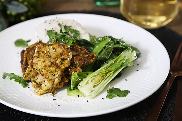 Baked Chicken Everest with Seared Asian Greens, Rice and Sesame Seeds